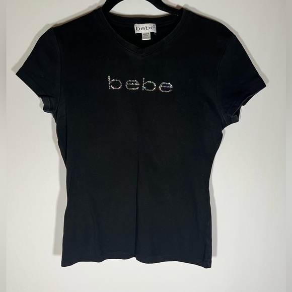 VINTAGE 90s Bebe black v-neck tshirt logo rhinestones sz L made in USA retro - Picture 1 of 11